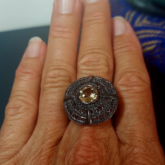 Yellow Topaz Mega Round Filigree Disc Vintage Ring Signed GFJ From Thailand - Picture 2 of 9